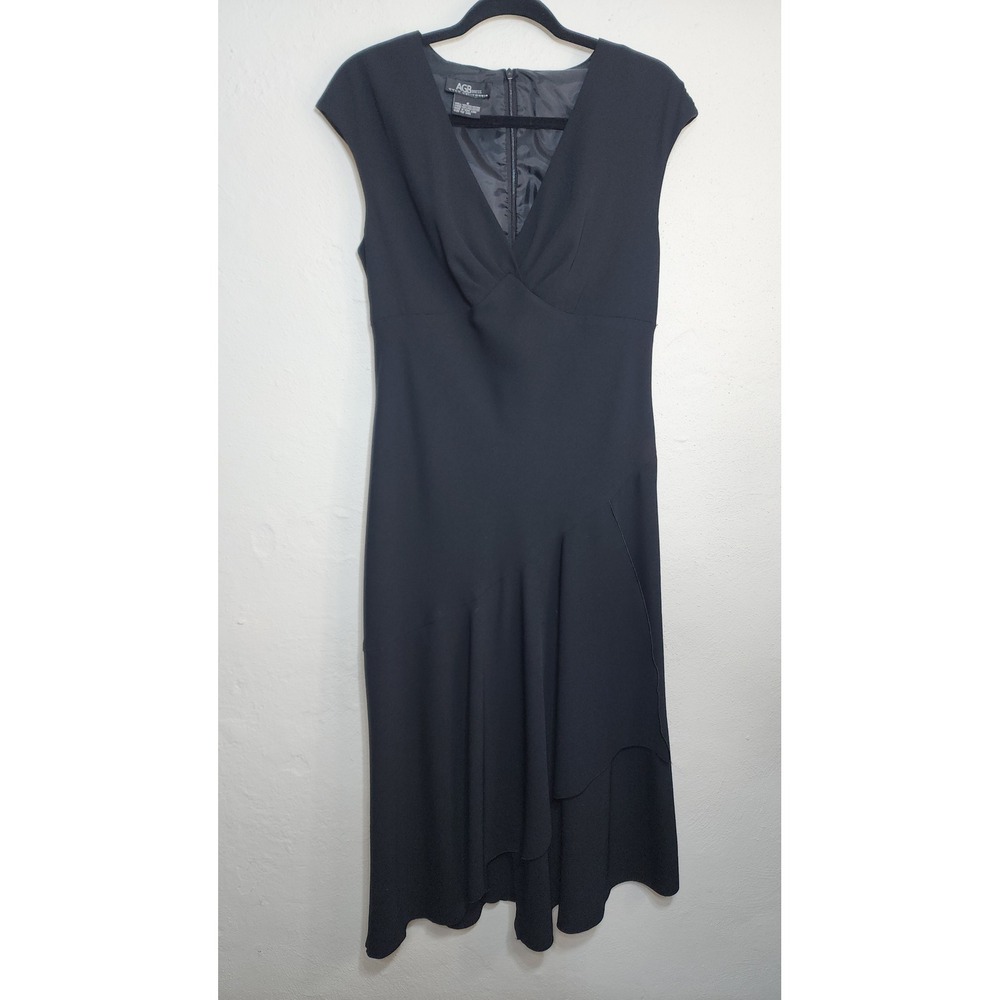 AGB Dress Byer California Midi Dress 8 Black Polyester 90s Surplice Ruffle Hem